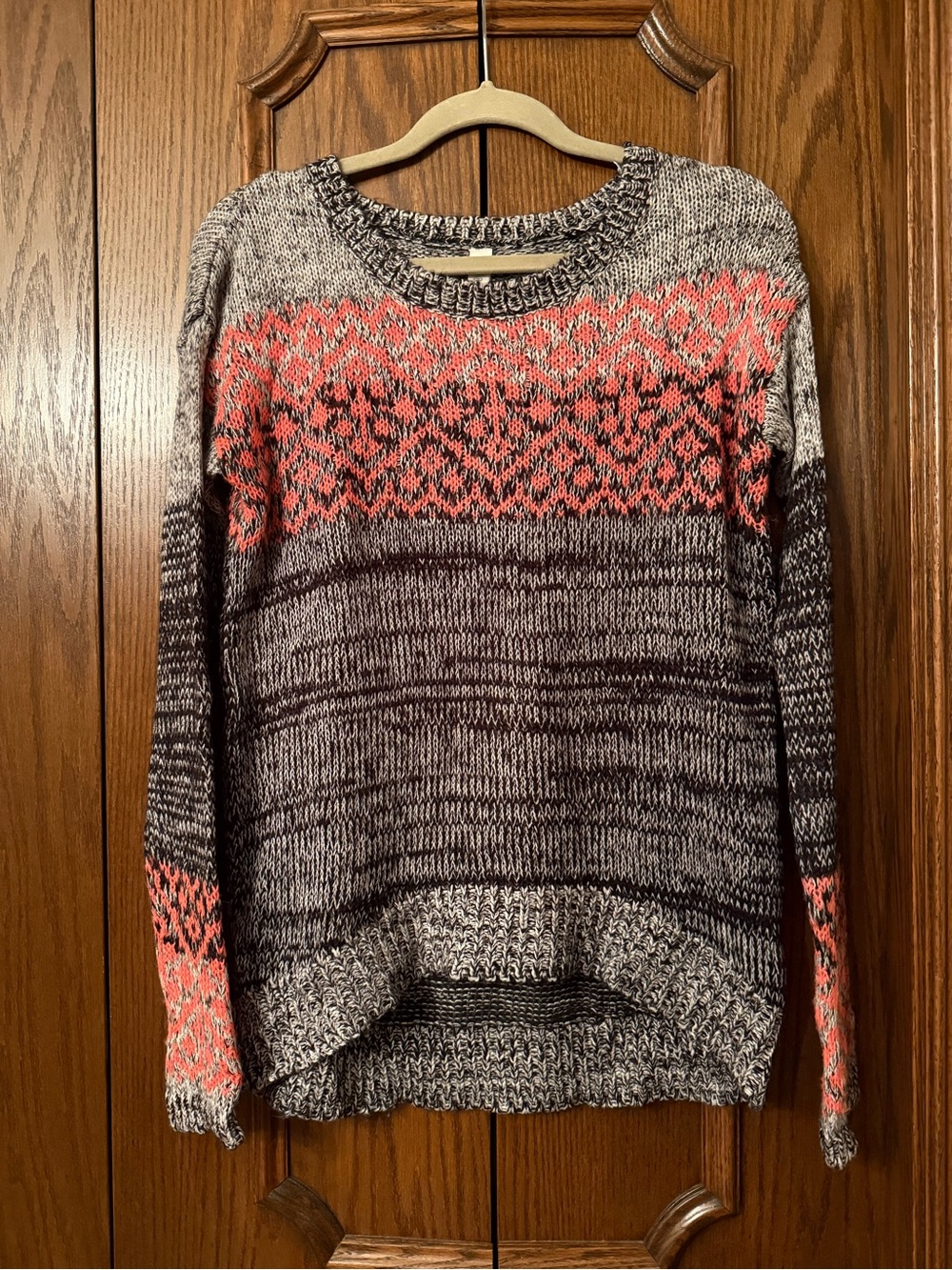 Aeropostale Gray and Coral Fair Isle Crewneck Sweater
